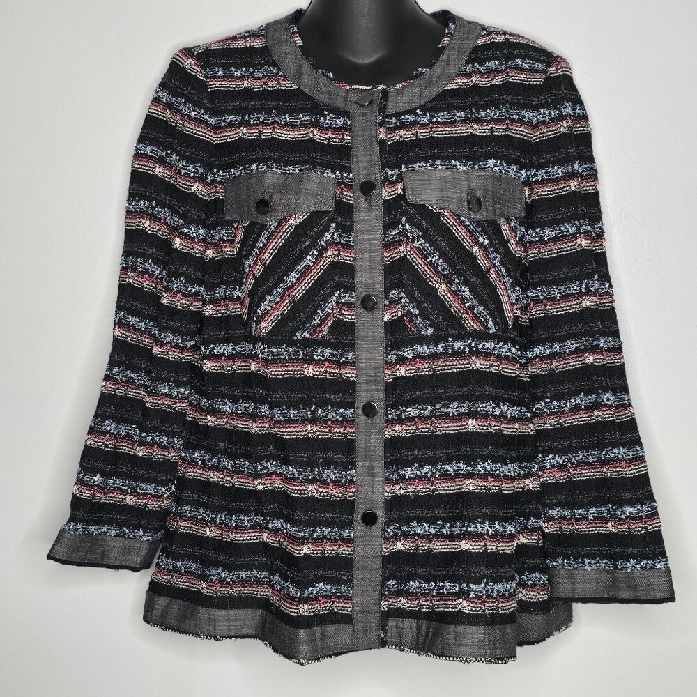 Misook Womens Cardigan Medium Sweater Black Multicolor Striped Knit Button Front